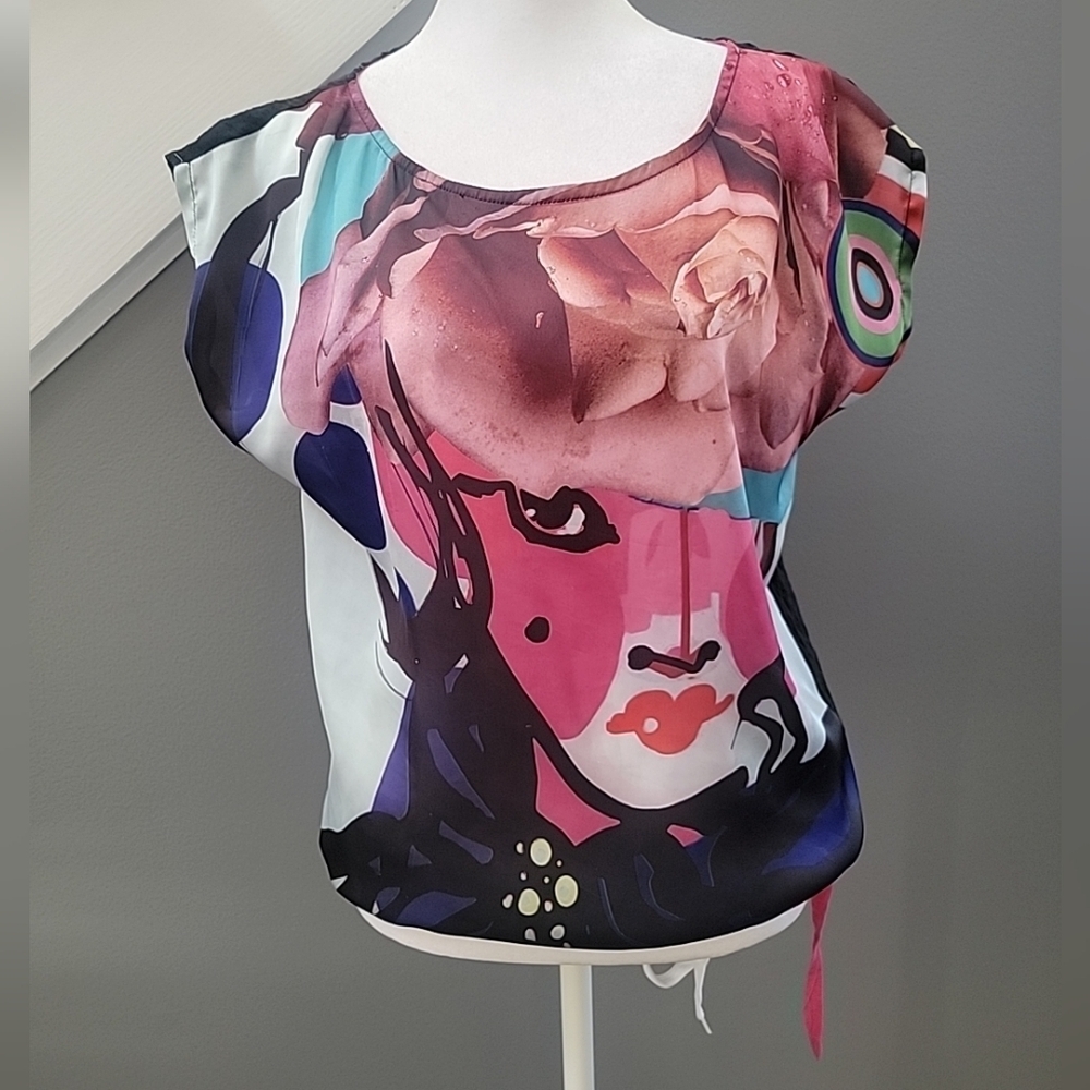 Desigual Floral Print Multicolor Modal Short Sleeve Blouse Size M Artsy Galery